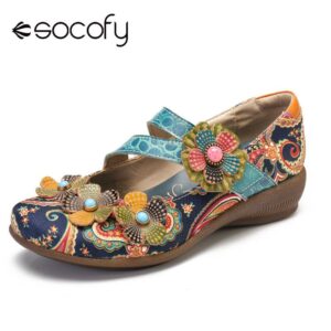 SOCOFY Retro Splicing Floral Folkways Pattern Genuine Leather Flat Hook Loop Shoes Elegant Shoes Women Shoes