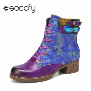 SOCOFY Retro Style Embossed Boots Genuine Leather Warm Lace up Zipper Chunky Heel Short Boots Casual