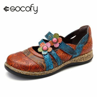 SOCOFY Vintage Floral Genuine Leather Splicing Colored Stitching Hook Loop Flat Shoes Spring Summer Casual Women