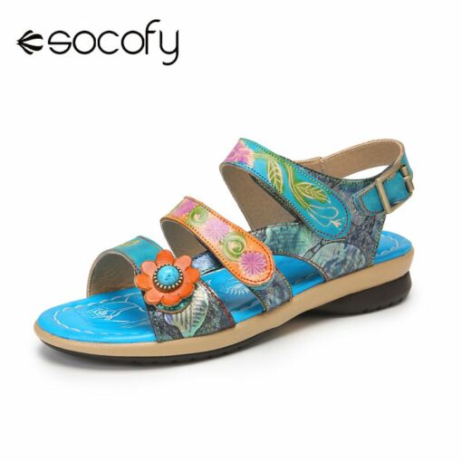 SOCOFY Women Bohemian Sandals Flower Decor Printed Genuine Leather Shoes Double Band Hook Loop Casual Outdoor Beach Sandals