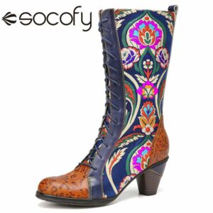 SOCOFY Women Boots Floral Embroidery Splicing Warm Flannel Lined Mid calf Boots Shoes Casual Outdoor Shoes