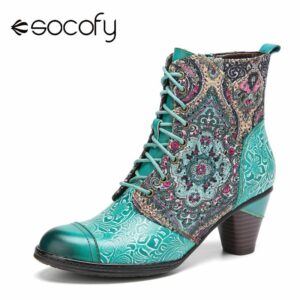 SOCOFY Women Elegant Style Boots Flowers Splicing Floral Printed Leather Round Toe Lace up Zipper Short