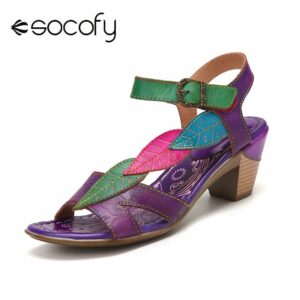 SOCOFY Women Elegant Style Sandals Colorful Leaf Shape Strap Splicing Printed Genuine Leather Shoes Hook Loop Heel Sandals