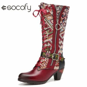 SOCOFY Women Leather Riding Boots Flower Pattern Splicing Chunky Heel Boots Winter Casual Outdoor Party Shoes