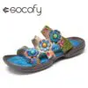 SOCOFY Women Leather Sandals Beaded Floral Flat Hook Loop Beach Shoes Non slip Flat Sandals Casual