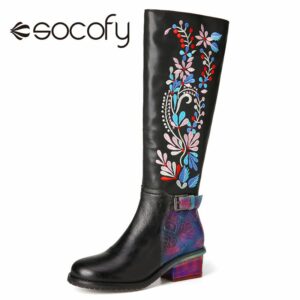 SOCOFY Women Mid calf Boots Embroidery Cowboy Boots Thick Heel Leather Ladies Boots Winter and Autumn