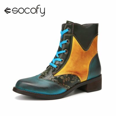 SOCOFY Women Retro Style Ankle Boots Stitching Color Block Comfy Warm Lace Up Zipper Block Heel