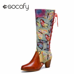 SOCOFY Women Shoe Genuine Leather Butterfly Embroidery High Boots Heels Pointed Head Chunky Heel Zipper Retro