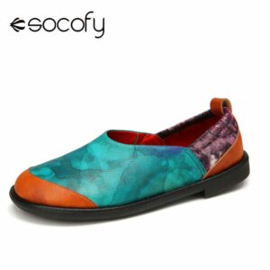 SOCOFY Women Shoes For Natural Tie dye Comfy Round Toe Stitching Leather Wearable Soft Sole Elastic
