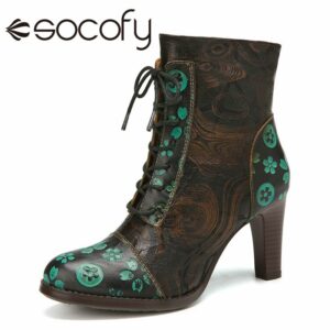 SOCOFY Women Shoes Vintage Embossed Cowhide Leather Flower Pattern Almond Toe Elegant High Heel Short Boots