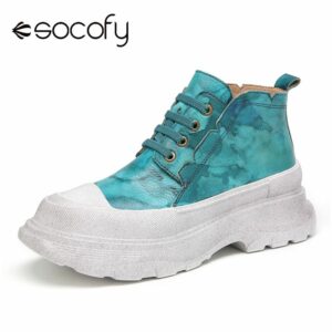 SOCOFY Women Tie Dye Printed Flat Sneakers Leather Round Toe Lace up Platform Casual Flat Shoes