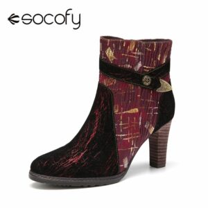 SOCOFY Women s Boots Vintage Pattern Genuine Leather Splicing Comfy Wearable Sole High Heel Short Boots