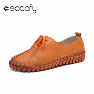 SOCOFY Women s Shoes Solid Color Hand made Stitching Cow Leather Breathable Comfy soft soled Lace