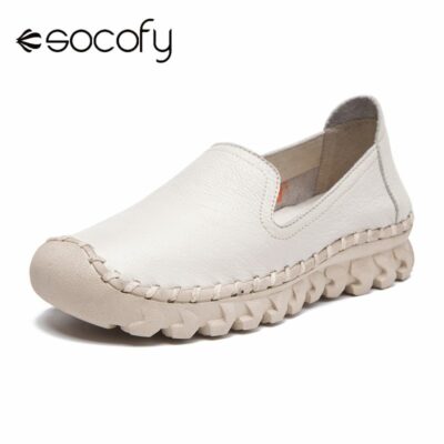 SOCOFY Women s Shoes Solid Color Leather Soft Sole Antiskid Comfy Round Toe Slip on Hand
