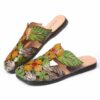 SOCOFY Womens Bohemia Leather Shoes Retro Style Floral Leaves Splicing Square Toe Flat Slippers Outdoor Beach
