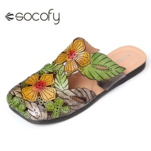 SOCOFY Womens Bohemia Leather Shoes Retro Style Floral Leaves Splicing Square Toe Flat Slippers Outdoor Beach