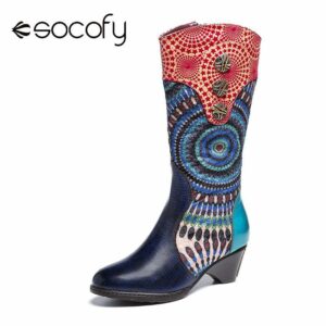 SOCOFY Womens Folkways Pattern Button Zipper High Heel Winter Mid Calf Boots Elegant Shoes Women Shoes