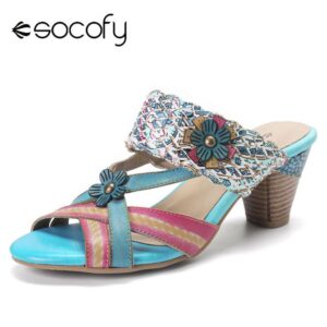 SOCOFY Womens Leather Sandals Contrast Flip Flops Toe Ring Wedge Thongs Shoes Round Toe High heeled