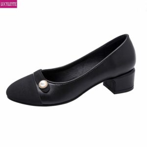 Single Shoes Female Round Head Middle Heel Work Shoes Female Black Pearl Buckle Shallow Mouth Thick