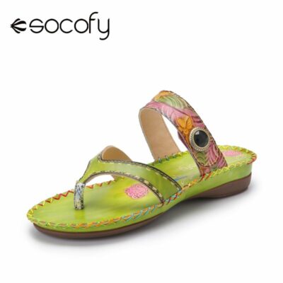 Socofy Bohemian Flat Heel Shoes Ethnic Print Genuine Leather Floral Flip Flops Adjustable Hook Loop Clip