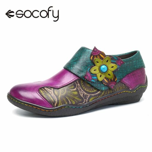 Socofy Bohemian Flat Shoes Women Summer Vintage Printed Genuine Leather Flats Zipper Casual Shoes Woman Sneakers