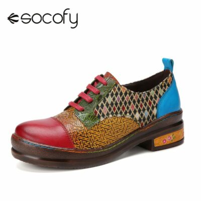 Socofy Casual Argyle Leather Patchwork Color Block Lace Up Comfy Loafers Shoes Women Ladies Daily Soft