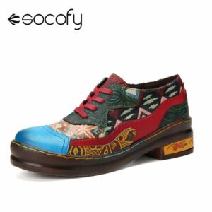 Socofy Casual Ethnic Leather Patchwork Color Block Stitching Lace Up Loafers Shoes Women s Comfy Flats