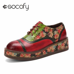 Socofy Genuine Leather Handmade Oxfords Shoes Stitching Lace up Comfy Platform Casual Floral Shoes Vintage Women