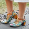 Socofy Genuine Leather Retro Floral Hook Loop Comfy T strap Heels Womans  New Heels Shoes