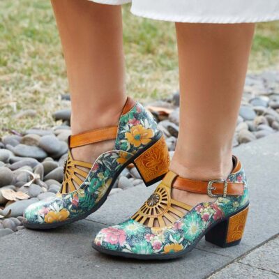 Socofy Genuine Leather Retro Floral Hook Loop Comfy T strap Heels Womans  New Heels Shoes
