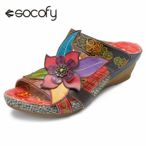 Socofy Genuine Leather Slippers Women Shoes Bohemian Handmade Flower Slide Slippers Wedge Heels Summer Shoes Woman