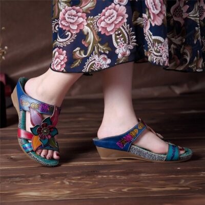 Socofy Genuine Leather Slippers Women Shoes Bohemian Handmade Flower Slide Slippers Wedge Heels Summer Shoes Woman