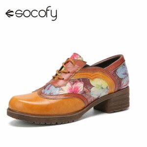Socofy New Fashion Genuine Leather Retro Floral Lace up Comfy Round Toe Oxfords Heels Women Hard