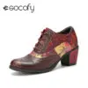 Socofy New Genuine Leather Retro Floral Lace up Comfy Round Toe Oxfords Square Heels Fashion Women