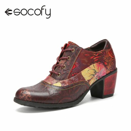 Socofy New Genuine Leather Retro Floral Lace up Comfy Round Toe Oxfords Square Heels Fashion Women