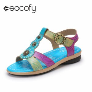Socofy New Retro Bohemian Sandals Ethnic Color Blocking Genuine Leather Comfy Hook Loop Flat Slides Sandals