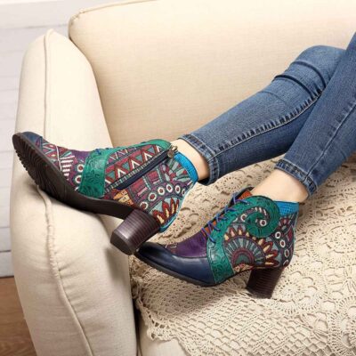 Socofy Retro Cowgirl Women Boots Genuine Leather Splicing Ankle Boots For Women Shoes Woman Casual Zipper