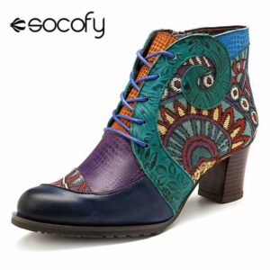Socofy Retro Cowgirl Women Boots Genuine Leather Splicing Ankle Boots For Women Shoes Woman Casual Zipper