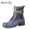 Socofy Retro Ethnic Floral Embroidered Genuine Leather Buckle Decor Side zip Comfy Chunky Heel Short Boots
