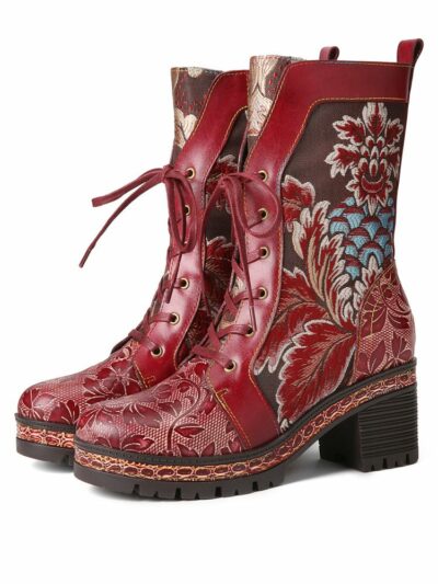 Socofy Retro Ethnic Floral Embroidered Genuine Leather Side zip Comfy Chunky Heel Mid Calf Boots Women