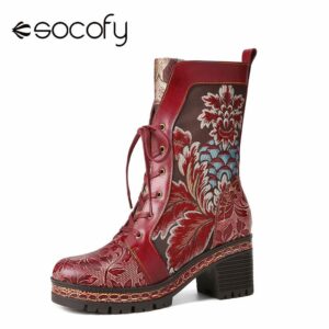 Socofy Retro Ethnic Floral Embroidered Genuine Leather Side zip Comfy Chunky Heel Mid Calf Boots Women