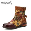 Socofy Retro Ethnic Floral Print Leather Patchwork Buckle Side zip Soft Comfy Flat Short Boots Women