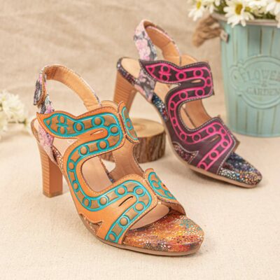 Socofy Retro Ethnic Floral Print Opened Adjustable Hook Loop Patchwork Heeled Sandals Women Shoes 2022 NEW 4