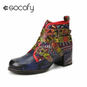 Socofy Retro Ethnic Print Embossed Leather Patchwork Belt Buckle Side zip Comfortable Low Heel Short Boots