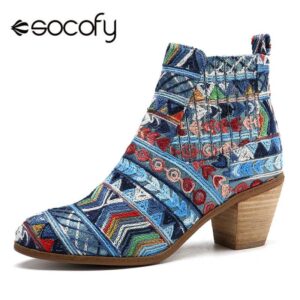 Socofy Retro Ethnic Weave Cloth Women Boots Winter Bohemian Elastic Slip on Ankle Boots For Women
