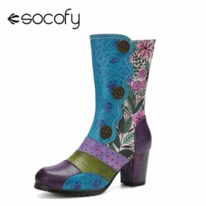 Socofy Retro Floral Embossed Leather Patchwork Buckle Decor Side Zipper Chunky Heel Soft Comfy Mid Calf