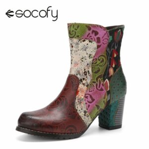 Socofy Retro Floral Leather Patchwork Side Zipper Soft Comfy Block Heel Short Calf Boots Women Short