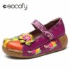 Socofy Retro Genuine Leather Mary Jane Shoes Women Flats New Vintage Bohemian Handmade Flower Hook Loop
