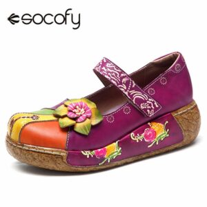 Socofy Retro Genuine Leather Mary Jane Shoes Women Flats New Vintage Bohemian Handmade Flower Hook Loop