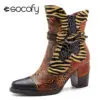 Socofy Retro Printed Cowgirl Ankle Boots Women Spring Patchwork Horsehair Genuine Leather Women Boots Shoes Woman